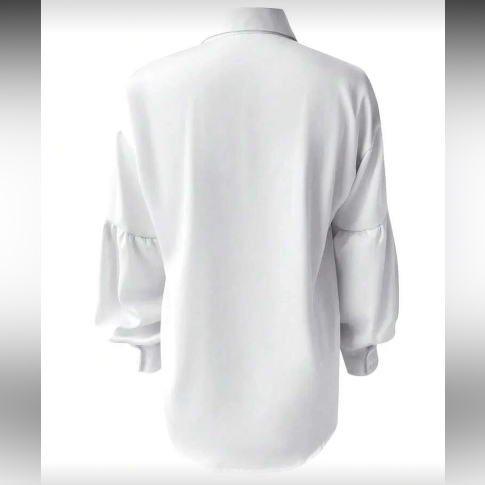 Classic Blue Balloon Sleeve Button-Down Shirt Top Blouse - Picture 6 of 6